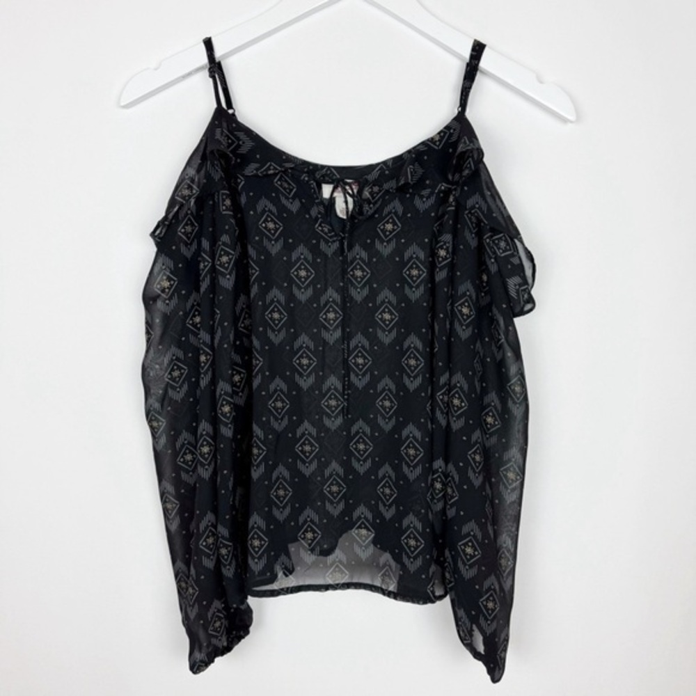 Arizona Cold Shoulder Flare Top Embroidery Print Black Size XS